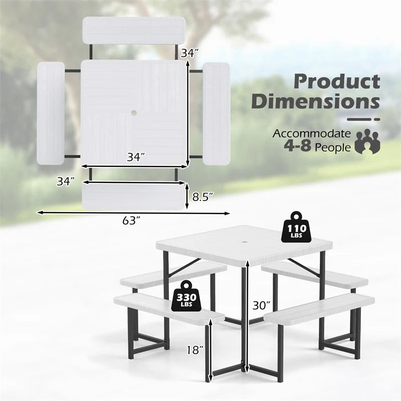 4-8 Person Outdoor Picnic Table Bench Set, All-Weather HDPE Square Dining Table with Umbrella Hole, 4 Benches & Metal Frame for Patio Backyard