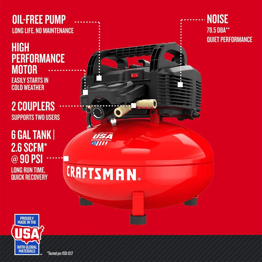 Craftsman 6 Gallon Pancake Air Compressor, Oil-Free, 150 PSI, Portable with Accessory Kit