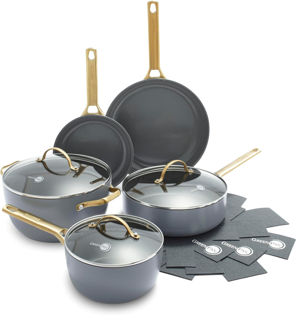 Reserve Hard Anodized Healthy Ceramic Nonstick 10 Piece Cookware Pots and Pans Set, Gold Handle, PFAS-Free, Dishwasher Safe, Oven Safe, Black