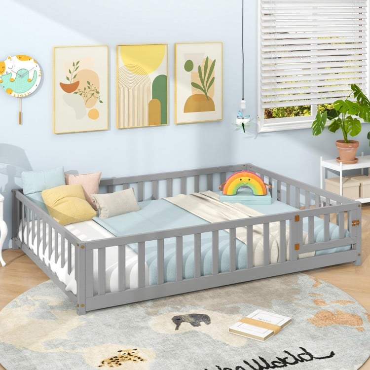 Montessori Bed Frame with Full-length Guardrails Safety Door and Latch