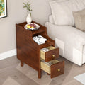 Solid Wood End Table Narrow Bedside Table with Pull-out Tray and 2 Storage Drawers
