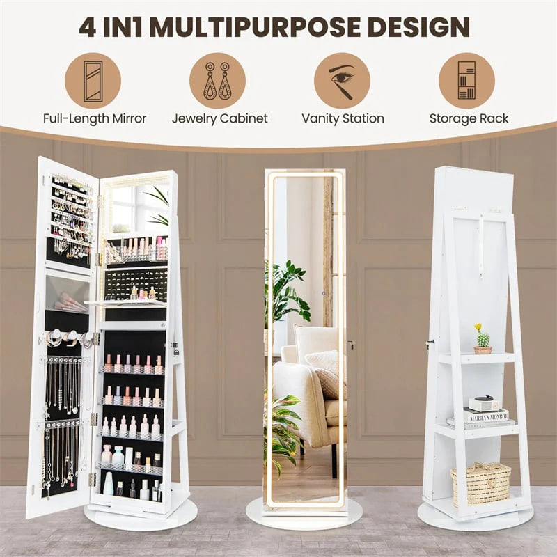 360�� Swivel Jewelry Cabinet Armoire w/ Full Length Mirror 3-Color LED Lights & Rear Shelves, Lockable Standing Jewelry Storage Organizer