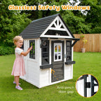 COCLUB Outdoor Playhouse for Kids Ages 4-8, Wooden Play House with Doorbell, Phone, Kitchen Toys, Outdoor Kids Play Equipment, Casa Para Niñas (45”L x 65”H), White & Black