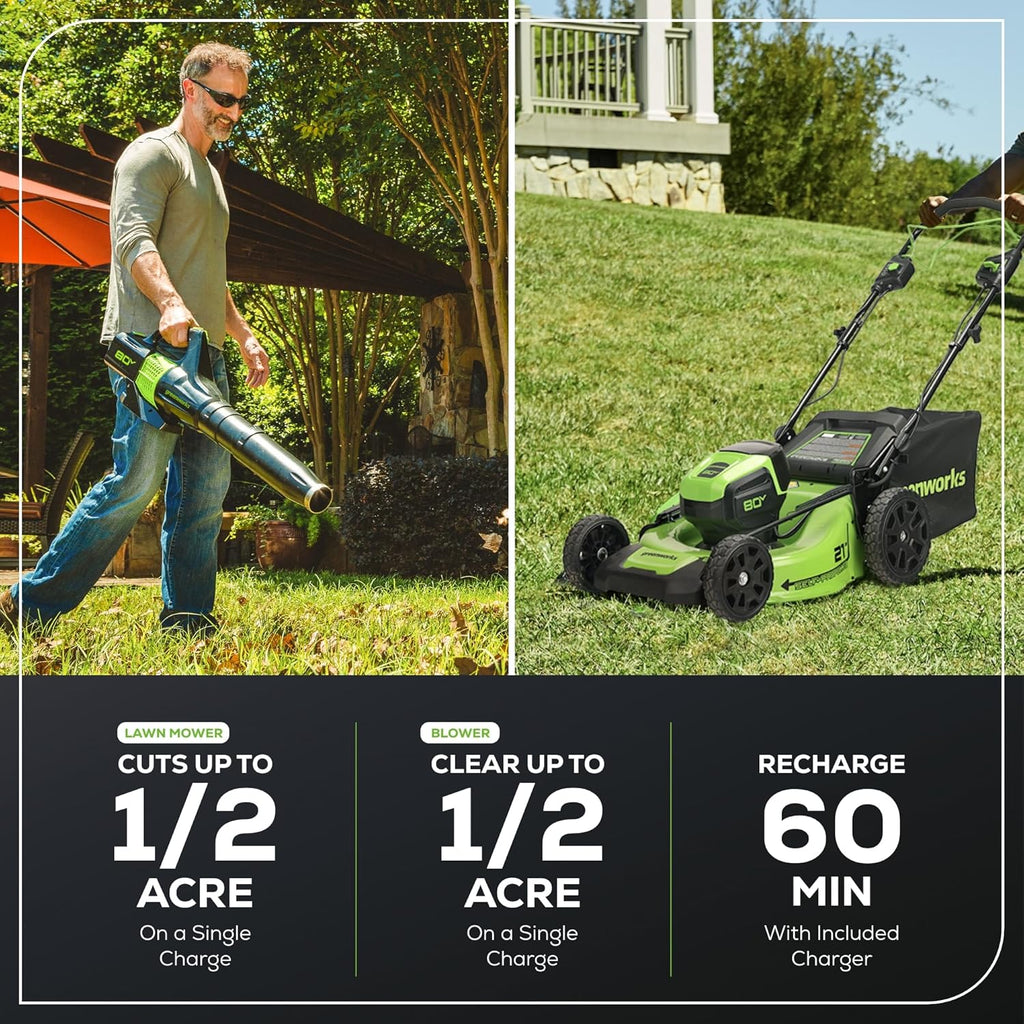 Greenworks 80V 21�� Brushless (Self-Propelled) Cordless Electric Lawn Mower + (580 CFM) Axial Leaf Blower (75+ Compatible Tools)  4.0Ah Battery and 60 Minute Rapid Charger  Green and Black