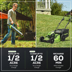 Greenworks 80V 21�� Brushless (Self-Propelled) Cordless Electric Lawn Mower + (580 CFM) Axial Leaf Blower (75+ Compatible Tools)  4.0Ah Battery and 60 Minute Rapid Charger  Green and Black