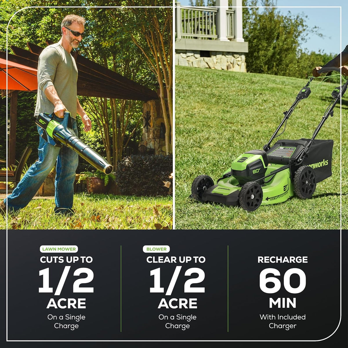 Greenworks 80V 21�� Brushless (Self-Propelled) Cordless Electric Lawn Mower + (580 CFM) Axial Leaf Blower (75+ Compatible Tools)  4.0Ah Battery and 60 Minute Rapid Charger  Green and Black