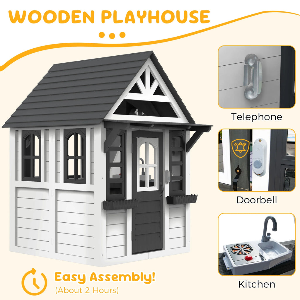 COCLUB Outdoor Playhouse for Kids Ages 4-8, Wooden Play House with Doorbell, Phone, Kitchen Toys, Outdoor Kids Play Equipment, Casa Para Niñas (45”L x 65”H), White & Black