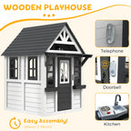 COCLUB Outdoor Playhouse for Kids Ages 4-8, Wooden Play House with Doorbell, Phone, Kitchen Toys, Outdoor Kids Play Equipment, Casa Para Niñas (45”L x 65”H), White & Black