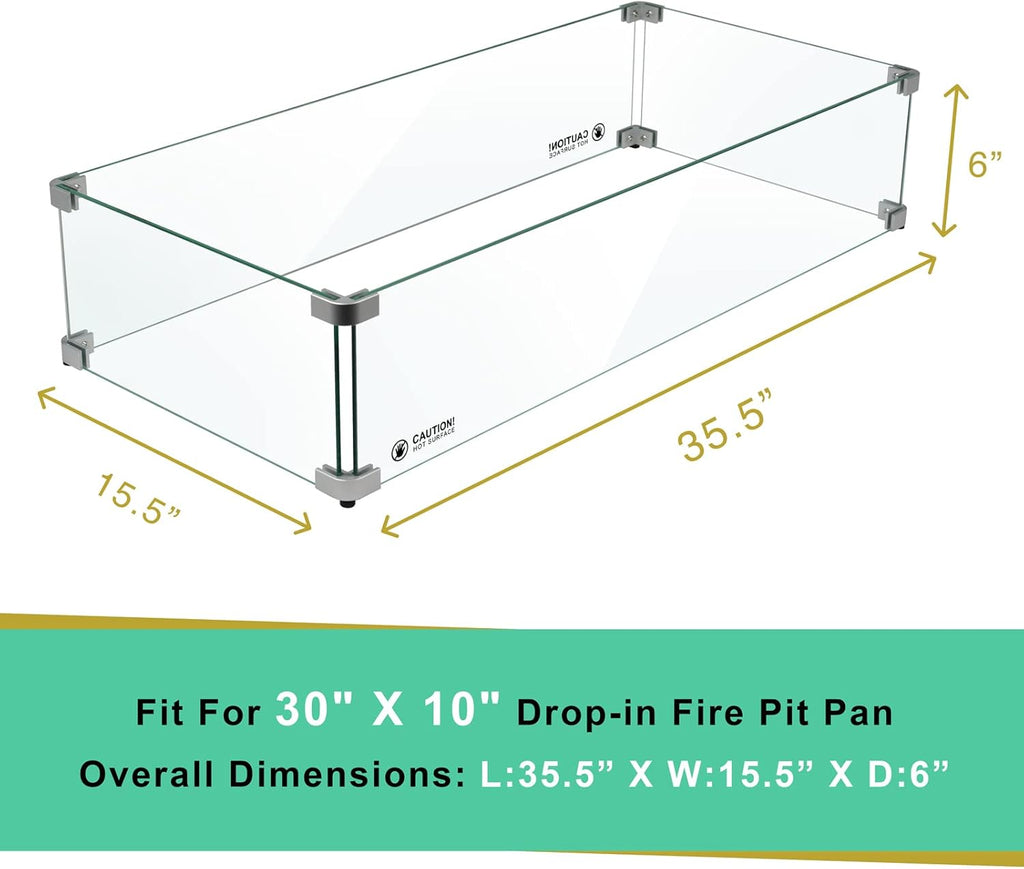 Holy Fire 35.5" L x 15.5" x 6" Rectangle Fire Pit Glass Wind Guard Clear Tempered Glass Flame Protective Pane Wind Resistant - Fits 30��x10 Fire Pit Burner Pan