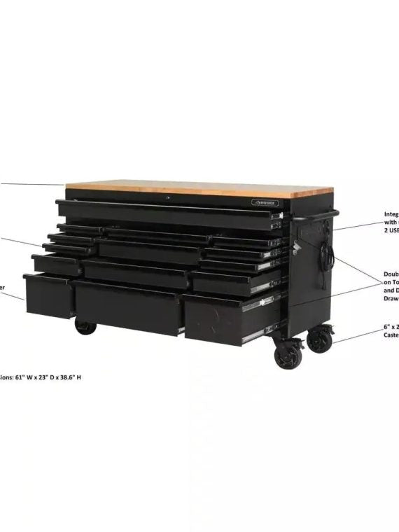 Heavy Duty 61 in. W x 23 in. D 15-Drawer Mobile Workbench with Solid Wood Top