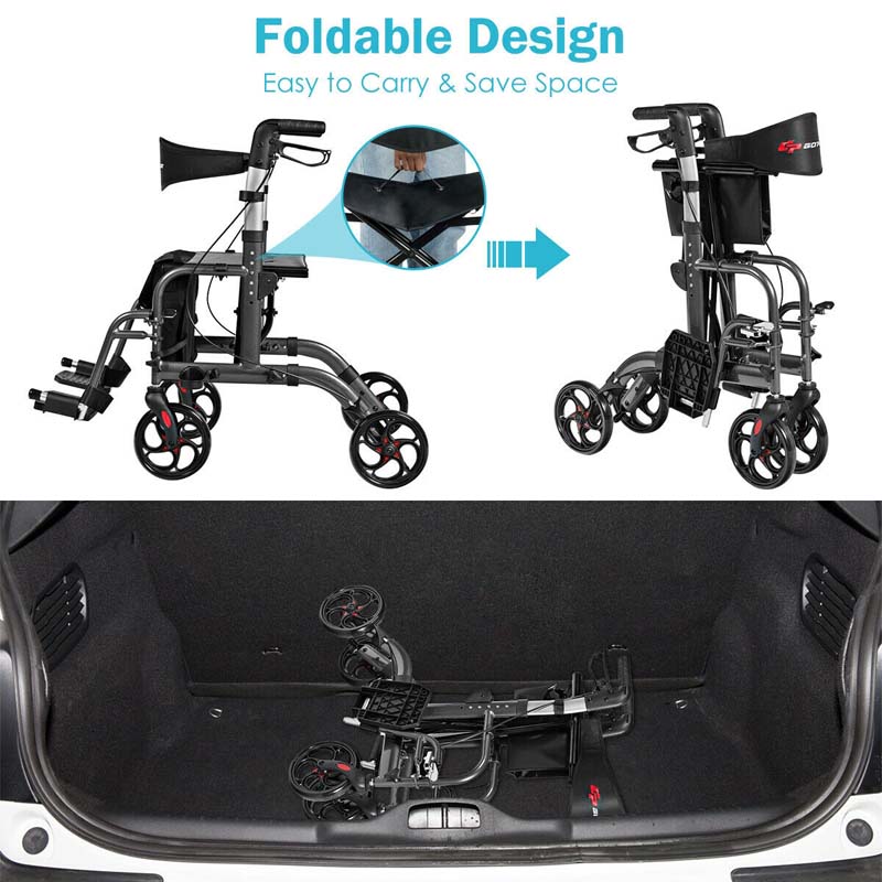 2 in 1 Rollator Walker Wheelchair Folding Medical Walker, Aluminum Transport Chair Mobility Walking Aid
