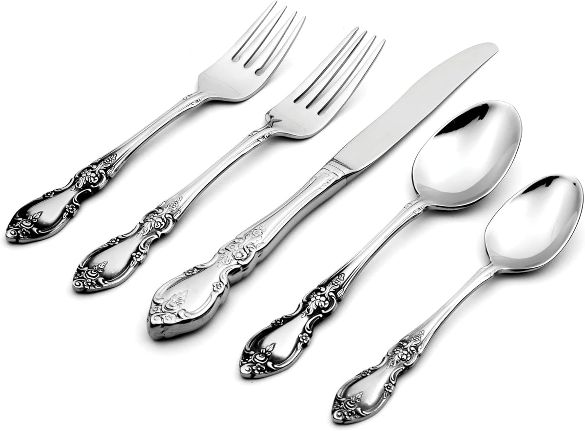 Oneida Silverware Set For 8 with Serving Utensils, Louisiana 45-Piece Fine Flatware Set, Service For 8, 18/8 Stainless Steel, Mirror, Knives Spoons Forks Serving Spoons,Dishwasher Safe(Silver 45 Piece