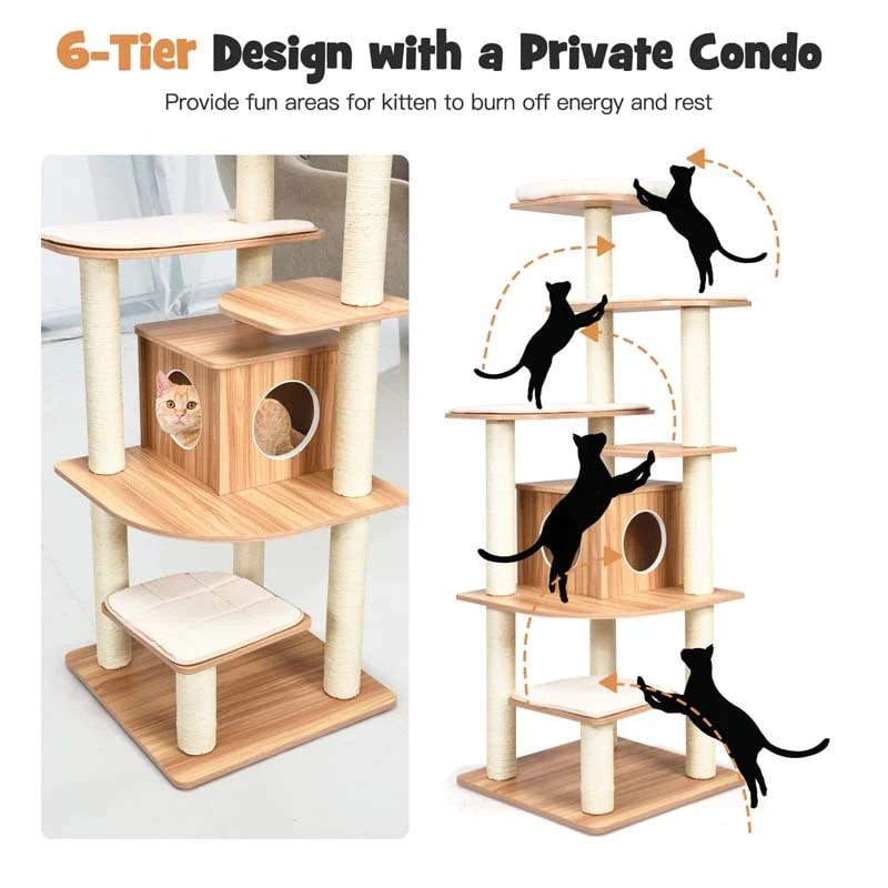 69" Tall Cat Activity Tree Wood Multi-Layer Large Cat Tower Condo with Scratch Resistant Rope & Plush Cushions