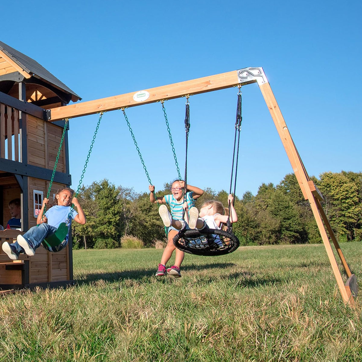 Canyon Creek Cedar Wood Swing Set with Wave Slide, Clubhouse, Play Kitchen, Picnic Area, Belt Swings, Web Swing, Rock Wall, Balconies, Playhouse, Step Ladder, Outdoor Playset