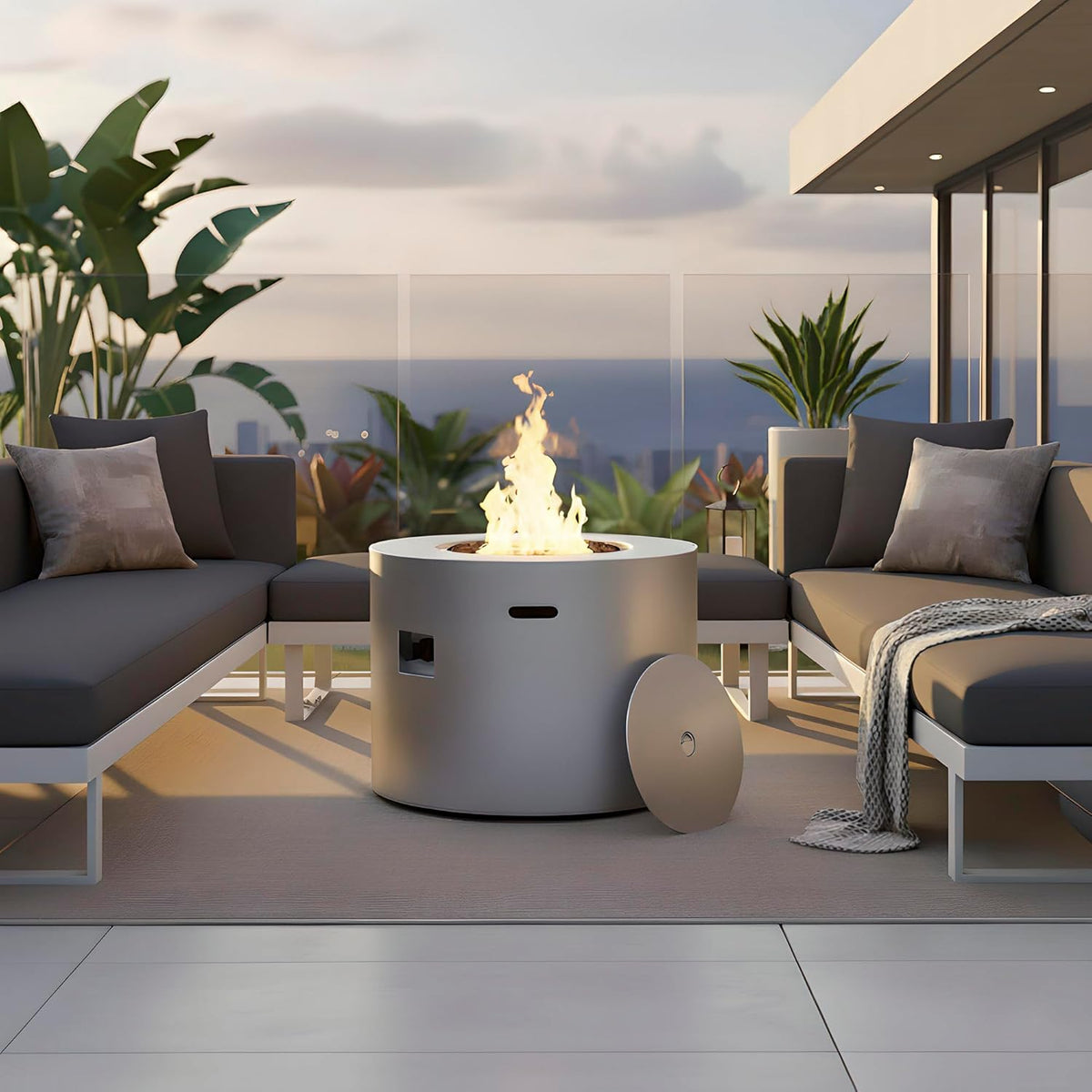 32 Inch Round Propane Fire Pit Table �C 50,000 BTU Outdoor Gas Fire Table for Patio, Deck, Backyard, CSA Certified, Alloy Steel with Waterproof Cover, Lava Rocks & Lid, Gray