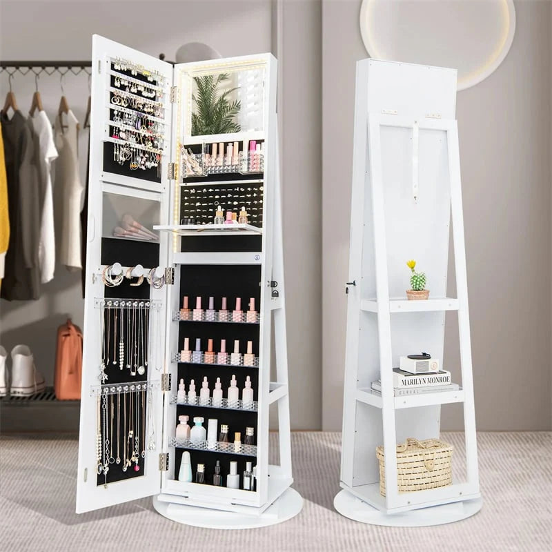 360�� Swivel Jewelry Cabinet Armoire w/ Full Length Mirror 3-Color LED Lights & Rear Shelves, Lockable Standing Jewelry Storage Organizer