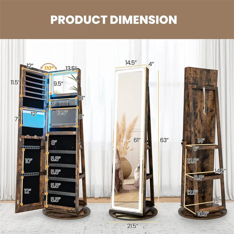 360�� Swivel Jewelry Cabinet Armoire w/ Full Length Mirror 3-Color LED Lights & Rear Shelves, Lockable Standing Jewelry Storage Organizer