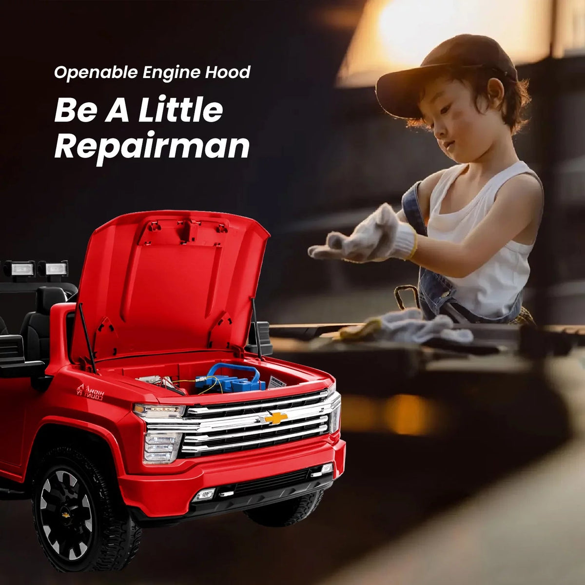 Track 7 24V Ride on Car, Licensed Silverado HD 2 Seater Electric Car for Boys Girls Age 3+, 24V Ride on Truck w/Remote Control, Music, ABC, Red