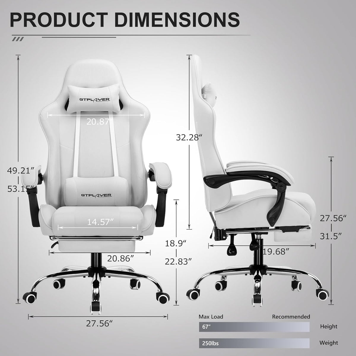 GTPLAYER Gaming Chair, Computer Chair with Footrest and Lumbar Support, Height Adjustable Game Chair with 360  -Swivel Seat and Headrest and for Office or Gaming (White)