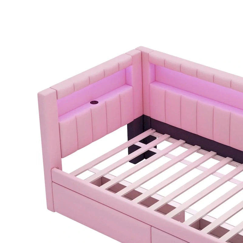 Upholstered Platform Bed with USB Ports & LED Lighting - Full/Twin Size Bed Frame with 2 Storage Drawers - Modern Bedroom