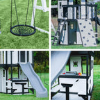 Canyon Creek Cedar Wood Swing Set with Wave Slide, Clubhouse, Play Kitchen, Picnic Area, Belt Swings, Web Swing, Rock Wall, Balconies, Playhouse, Step Ladder, Outdoor Playset