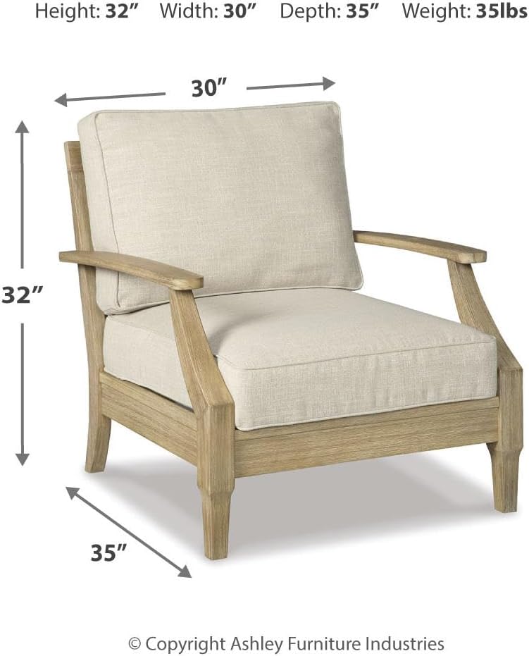 Signature Design by Ashley Clare View Outdoor Lounge Chair, All-weather Foam Cushion, Protective Finish, Eucalyptus Wood , 30" W x 35" D x 32" H, Beige