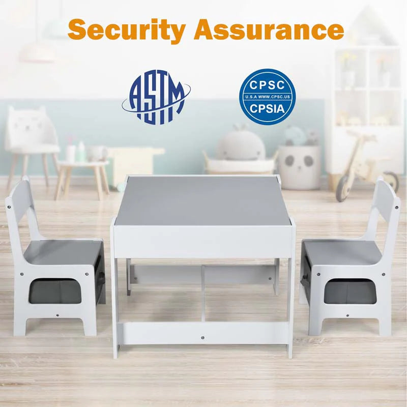 3-in-1 Kids Wood Table Chairs Set with Blackboard & Storage Drawers, Children Multi Activity Table for Learning Playing Drawing