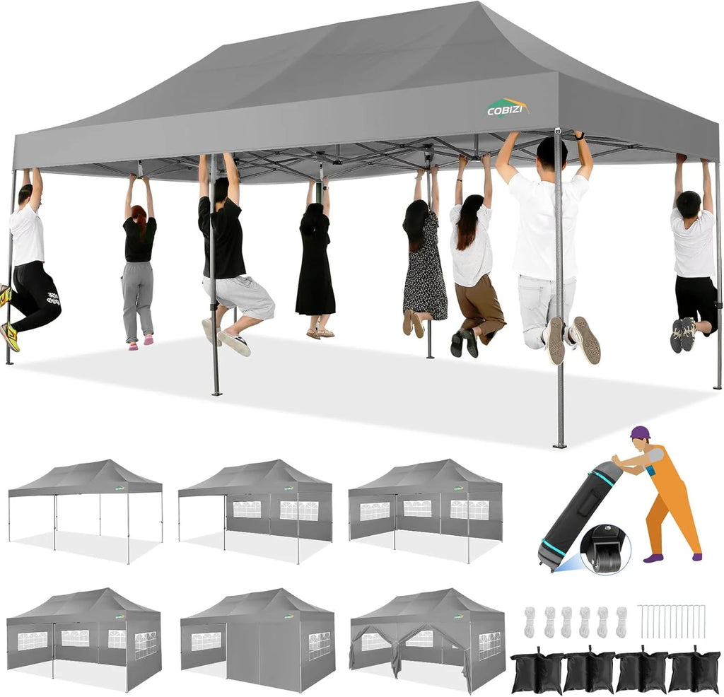 COBIZI 10x20 Heavy Duty Pop up Canopy Tent with 6 sidewalls Easy Up Commercial Outdoor Canopy Wedding Party Tents for Parties All Season Wind & Waterproof Gazebo with Roller Bag,Black(Frame Thickened)