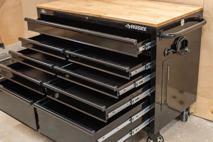 46-in W x 24.5-in D 9-Drawer Mobile Workbench with Hardwood Top and Power Station – Gloss Black
