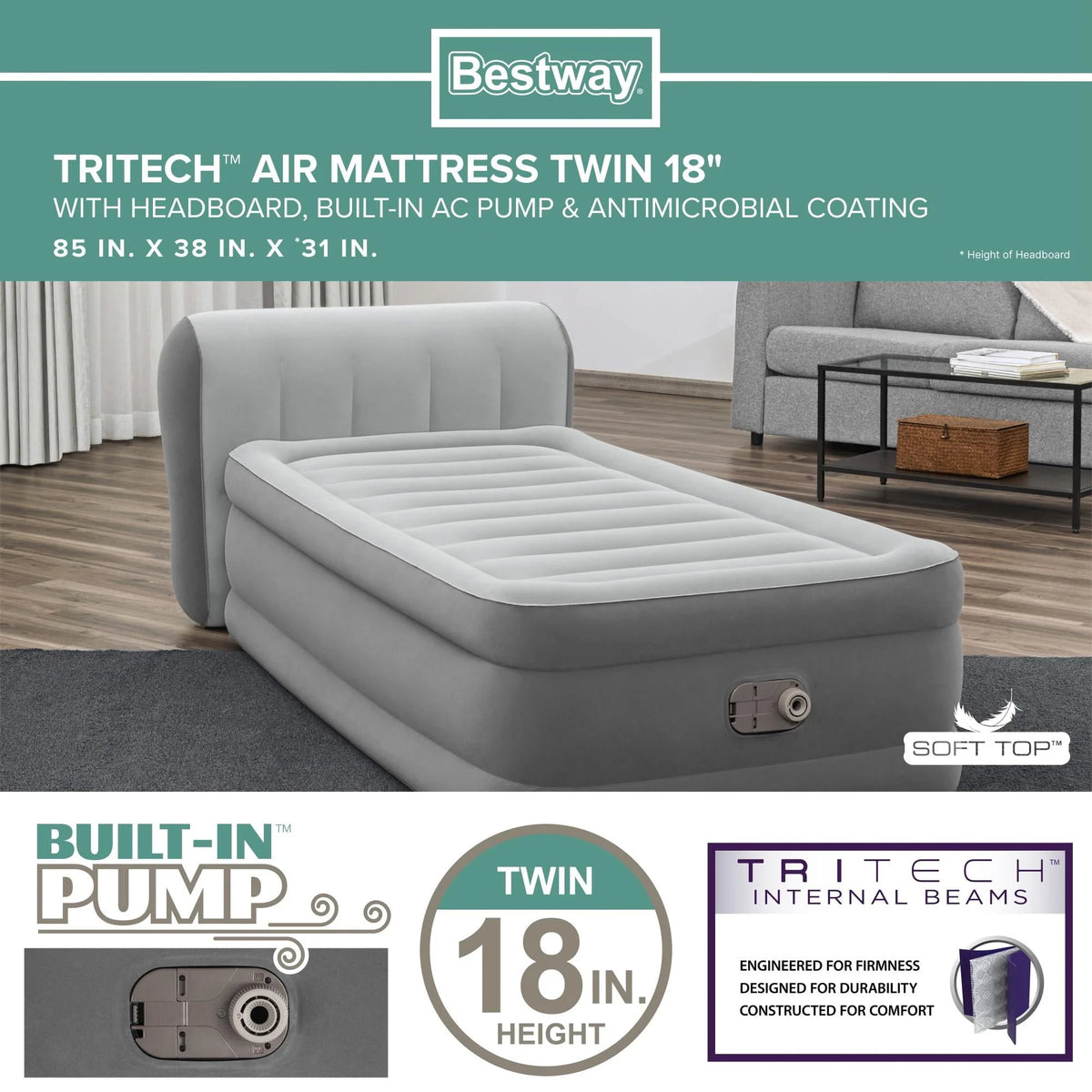Bestway® Headboard Tritech Airbed Twin 18" with built-in AC pump