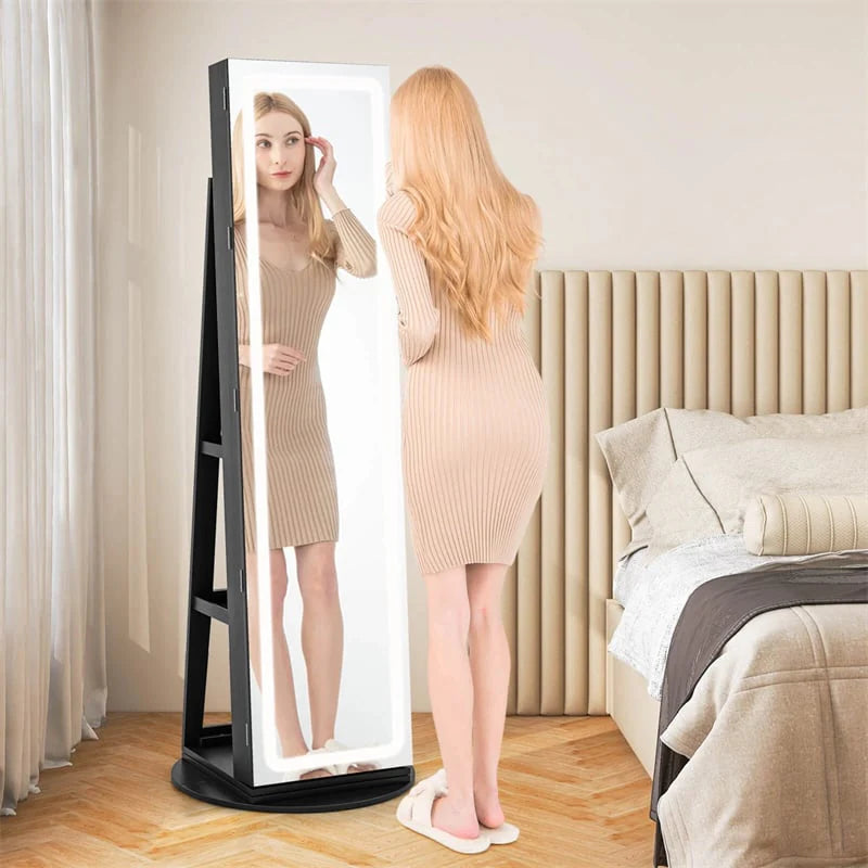 360�� Swivel Jewelry Cabinet Armoire w/ Full Length Mirror 3-Color LED Lights & Rear Shelves, Lockable Standing Jewelry Storage Organizer