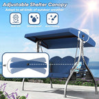 3 Seat Outdoor Porch Patio Swing with Stand 800lbs 2-in-1 Convertible Swing Bed with Adjustable Canopy & Removable Cushion for Yard Garden Deck (Blue  Square Tube)