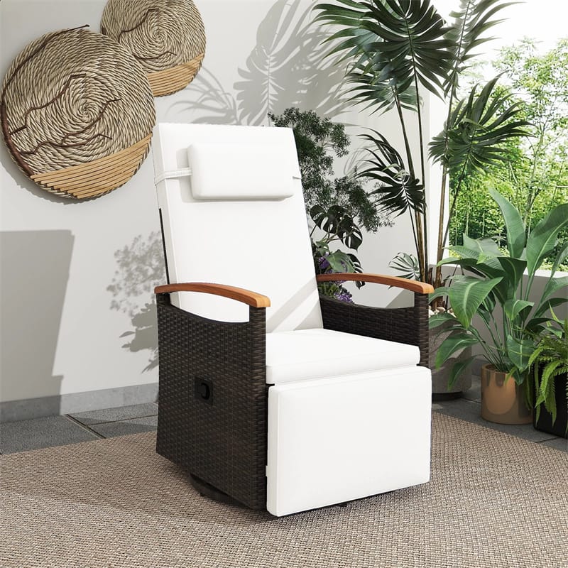 Outdoor Rattan 360�� Swivel Recliner Chair, Patio Wicker Chaise Lounge Chair with Adjustable Backrest & Footrest, Flip Side Table & Cushions
