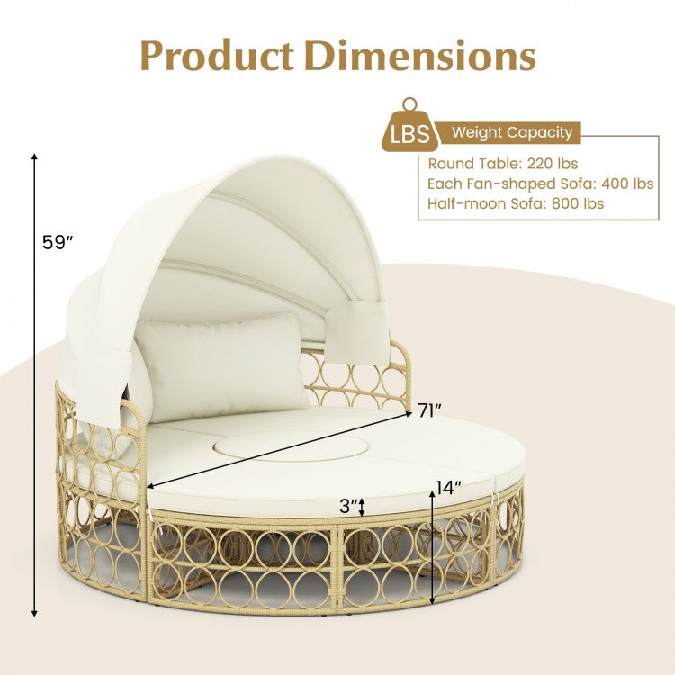 Outdoor Patio Round Daybed with Retractable Canopy and Soft Cushions