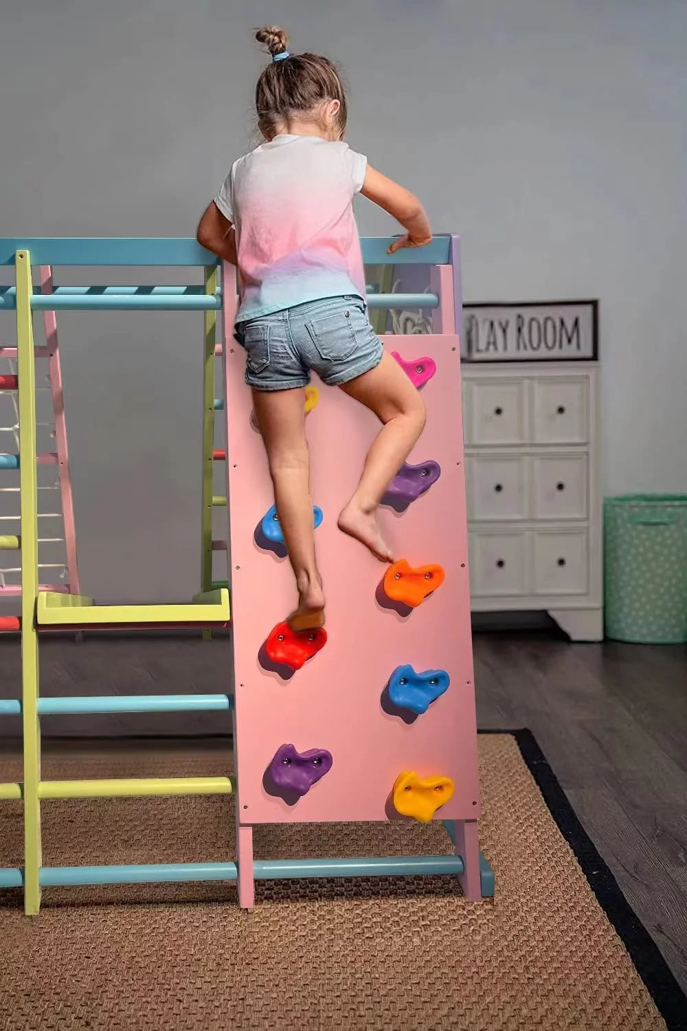 Avenlur Magnolia Indoor Playground 6-in-1 Jungle Gym Montessori Waldorf Style Wooden Climber Playset Slide, Rock Climbing Wall, Rope Wall Climber, Monkey Bars, Swing for Toddlers, Children Kids 2-8yrs