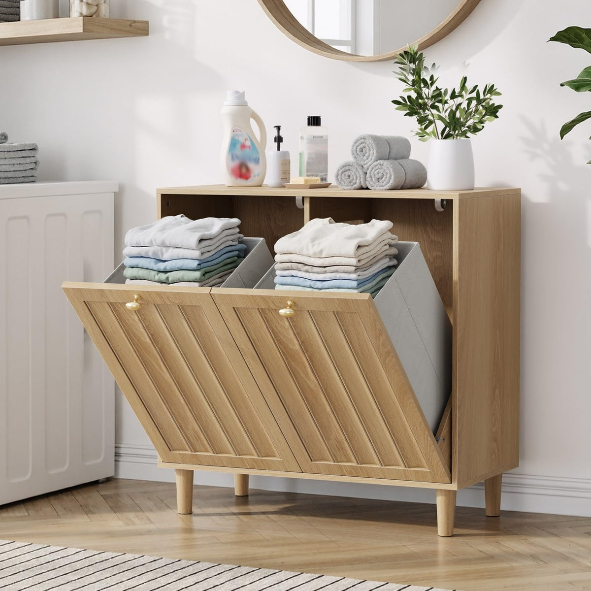 Oak Sloping Laundry Hamper Cabinet with 2 Removable Liners, Freestanding MDF Tilt-Out Storage Cabinet with Anti-Tipping Kit, Concealed Bathroom & Laundry Room Organizer, 27.8" H x 27.4" L x 13.8" D