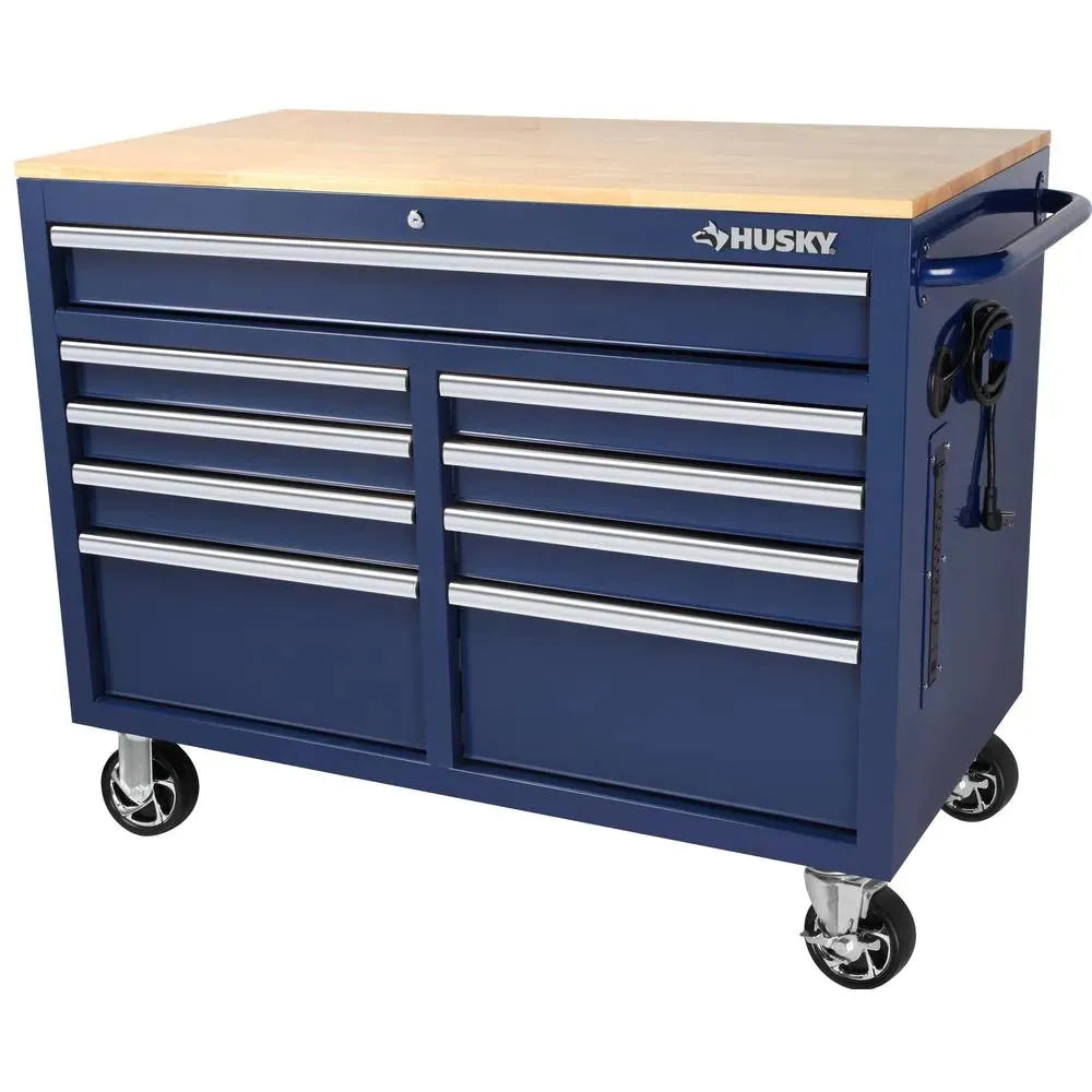 46-in W x 24.5-in D 9-Drawer Mobile Workbench with Hardwood Top and Power Station – Gloss Black