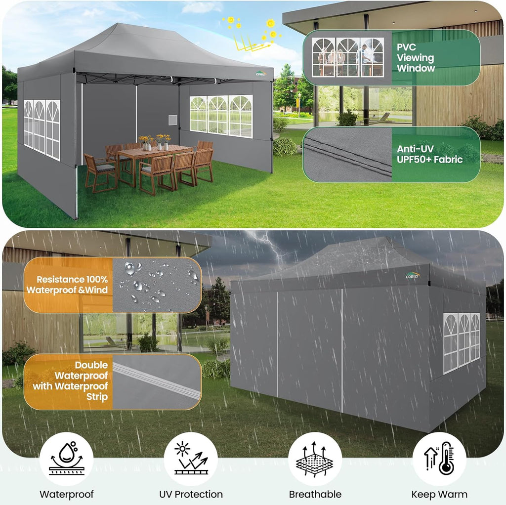 COBIZI 10x20 Heavy Duty Pop up Canopy Tent with 6 sidewalls Easy Up Commercial Outdoor Canopy Wedding Party Tents for Parties All Season Wind & Waterproof Gazebo with Roller Bag,Black(Frame Thickened)