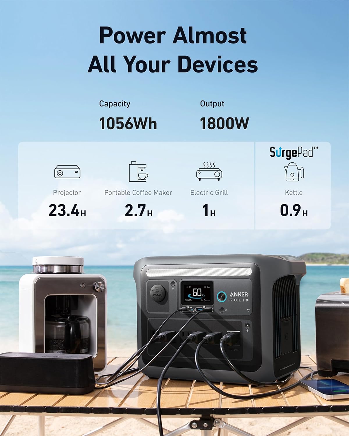 Anker SOLIX C1000 Portable Power Station with 200W Solar Panel, 1800W Solar Generator, 1056wh LFP (LiFePO4) Battery, 6 AC Outlets, Up to 2400W for Home, Power Outages, and Outdoor Camping