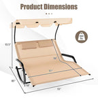 2-Person Patio Hammock Bed Swing Chair Extra Large Outdoor Rocking Chaise Lounge with Adjustable Canopy and Wheels