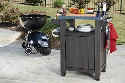 Keter Unity Portable Outdoor Table and Storage Cabinet with Hooks for Grill Accessories-Stainless Steel Top for Patio Kitchen Island or Bar Cart, Espresso Brown