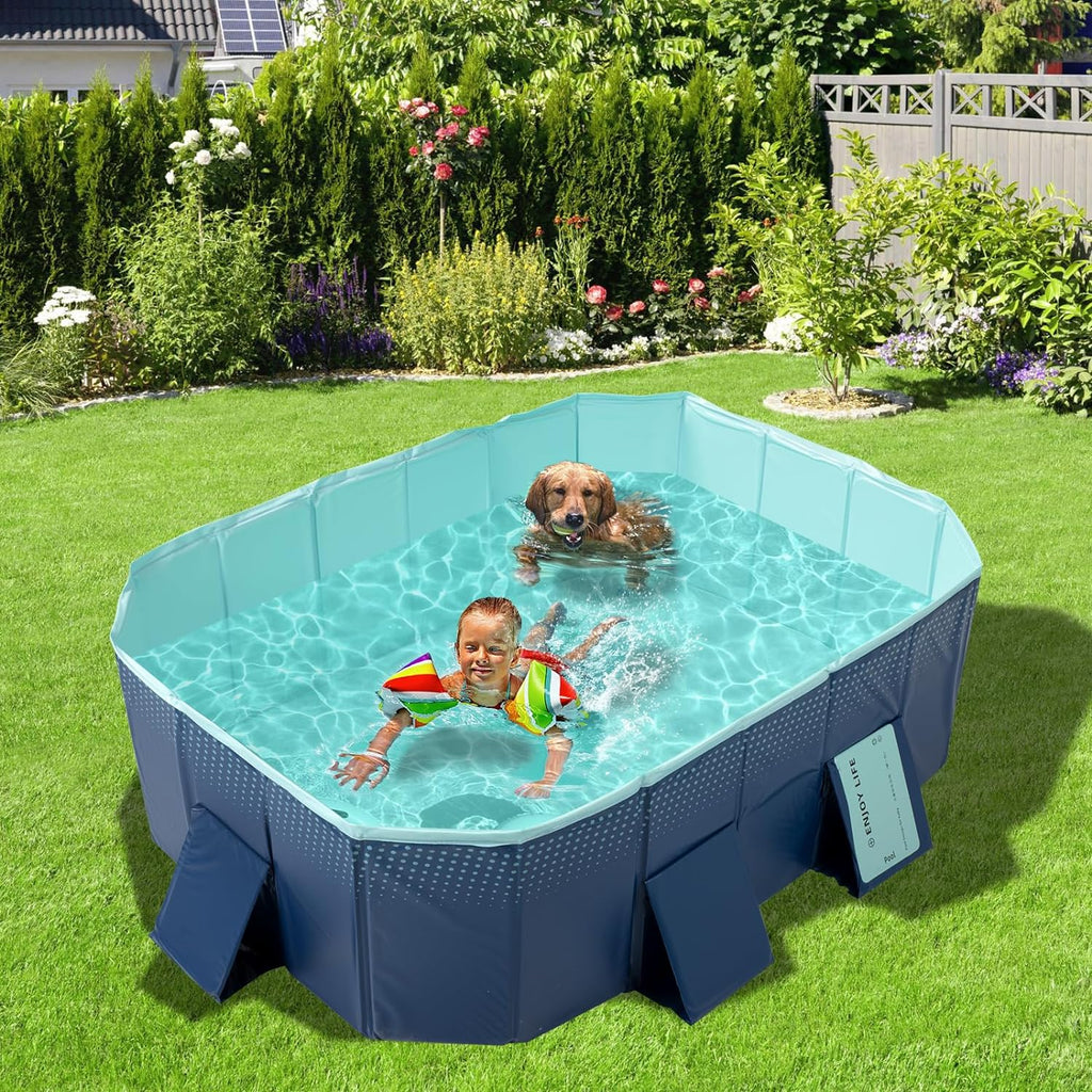 Foldable Non-Inflatable Kids' and Adults' Outdoor Swimming Pool - Hard Plastic Shell, Kid Pool for Backyard Dog Pools (158" x 76" x 20")