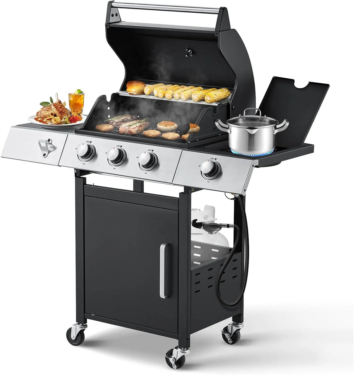 Upgraded 4 Burner BBQ Propane Gas Grill with Cast Iron Grates & Side Stove, 44,000 BTU Stainless Steel Burner Barbecue Grill for Patio, Camping, Outdoor Cooking MELLCOM