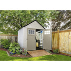 Rubbermaid 7??7 Ft Durable Weather Resistant Resin Outdoor Garden Storage Shed with Windows and Utility Hooks, Sand