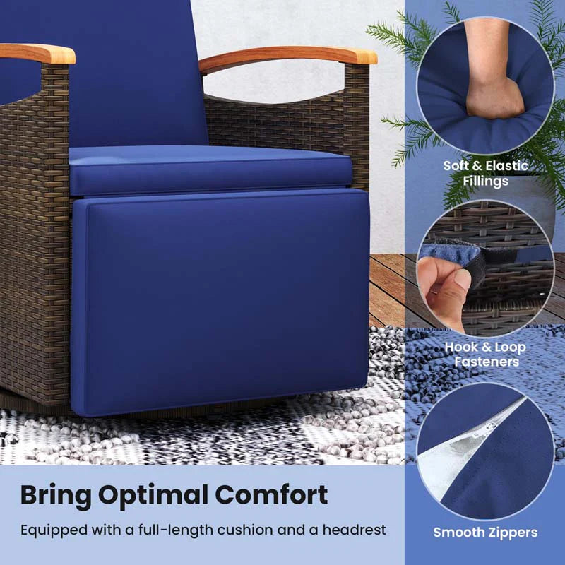 Outdoor Rattan 360�� Swivel Recliner Chair, Patio Wicker Chaise Lounge Chair with Adjustable Backrest & Footrest, Flip Side Table & Cushions