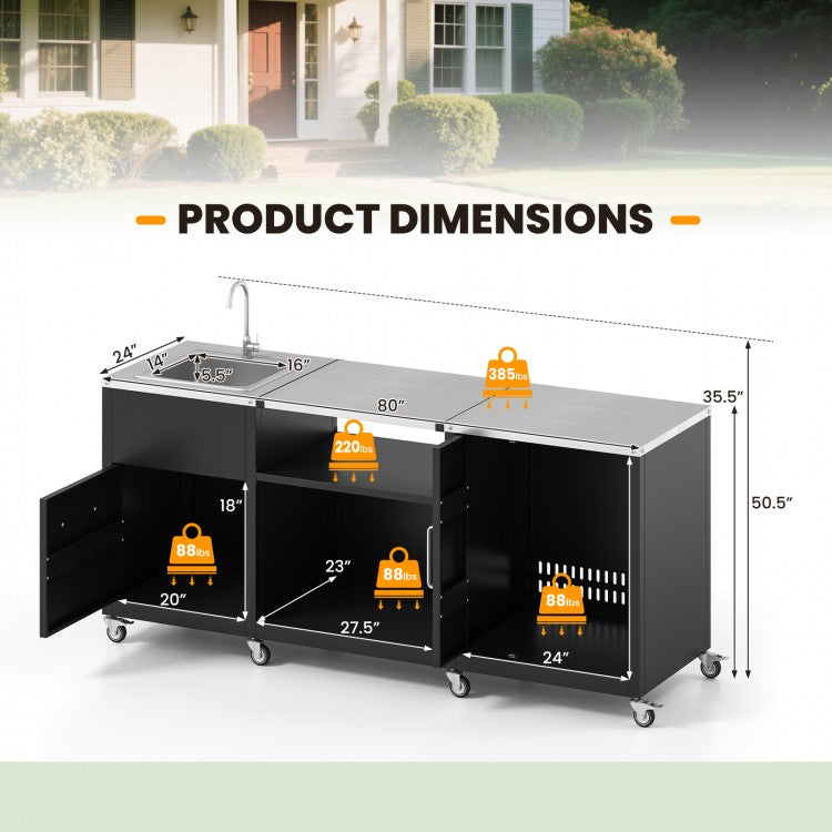 Outdoor Grill Table with Sink and Drainage Heavy Duty Metal Grill Cart