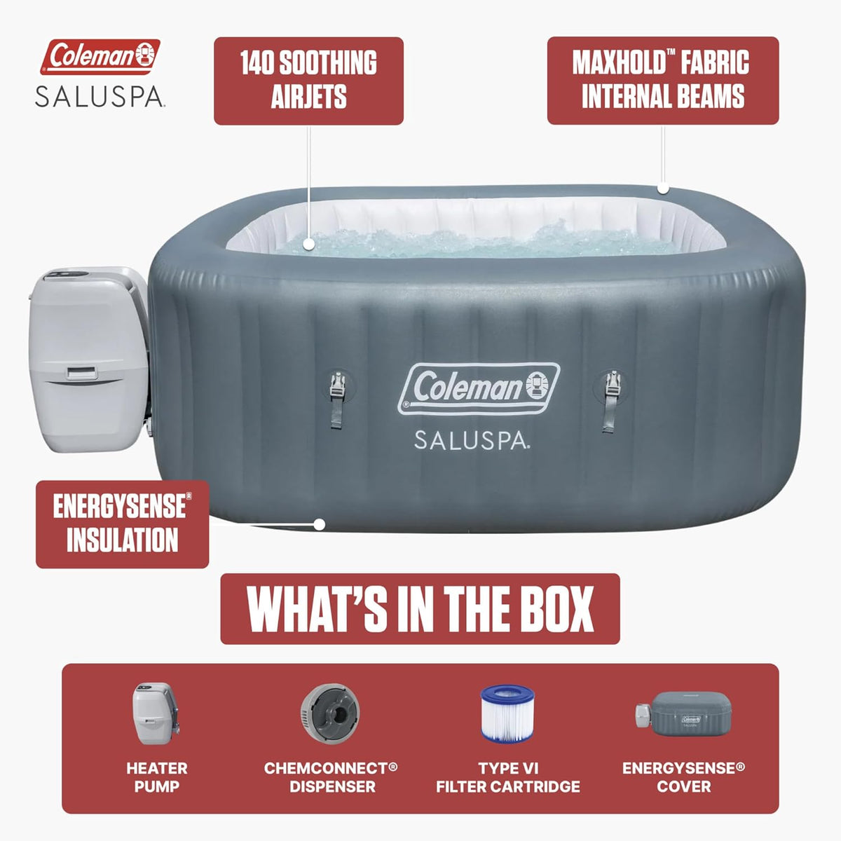 Coleman Hawaii 4 to 6 Person Inflatable Hot Tub  Square Energy-Efficient Portable Outdoor Spa with 140 AirJets  71" x 28"