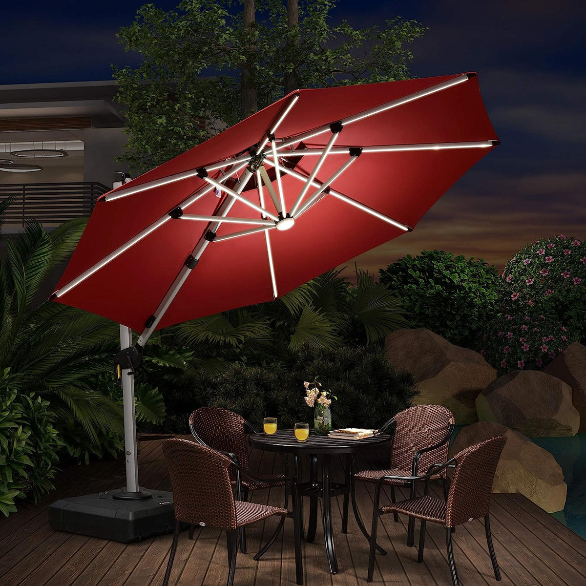 12ft Solar LED Patio Umbrella Outdoor Round Umbrella Large Cantilever Umbrella with LED Lights Windproof Bias Umbrella Heavy Duty Parasol for Garden Deck Pool Patio