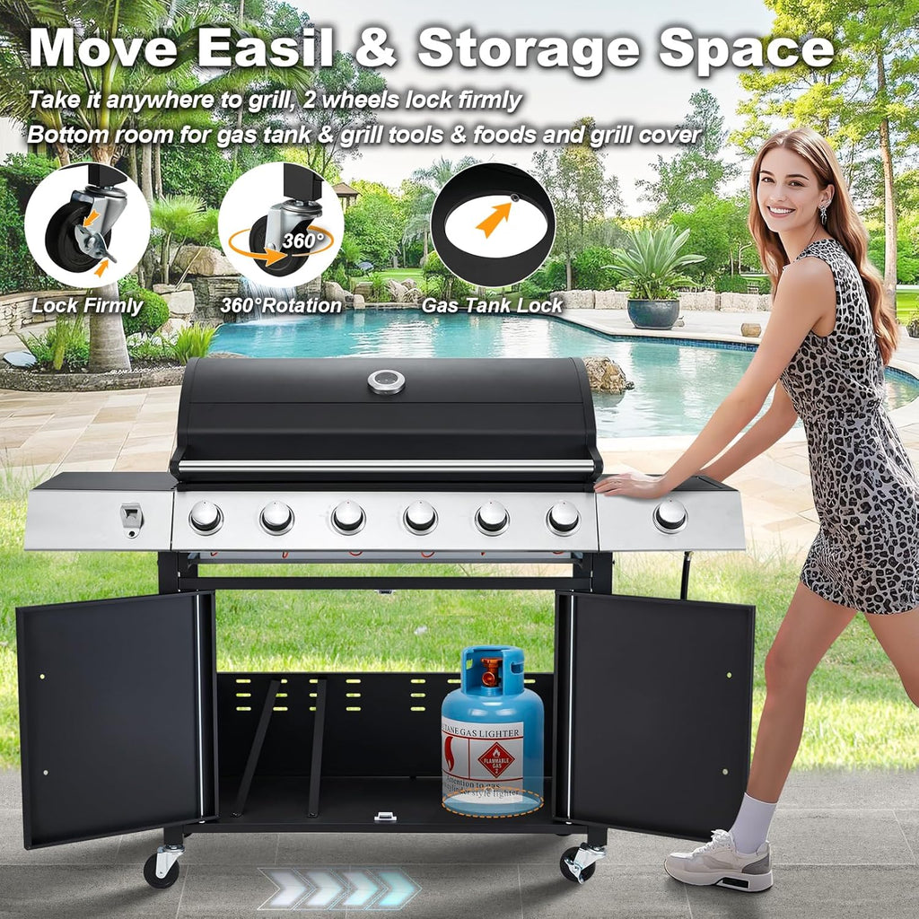 Upgraded 4 Burner BBQ Propane Gas Grill with Cast Iron Grates & Side Stove, 44,000 BTU Stainless Steel Burner Barbecue Grill for Patio, Camping, Outdoor Cooking MELLCOM