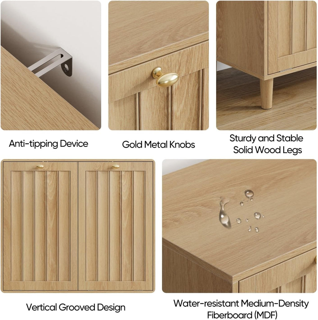 Oak Sloping Laundry Hamper Cabinet with 2 Removable Liners, Freestanding MDF Tilt-Out Storage Cabinet with Anti-Tipping Kit, Concealed Bathroom & Laundry Room Organizer, 27.8" H x 27.4" L x 13.8" D